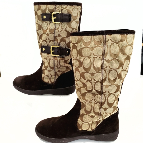 Coach Tinah Brown Leather "C" Logo Pattern Canvas Mid Calf Pull On Boots Size 5B - Picture 5 of 16